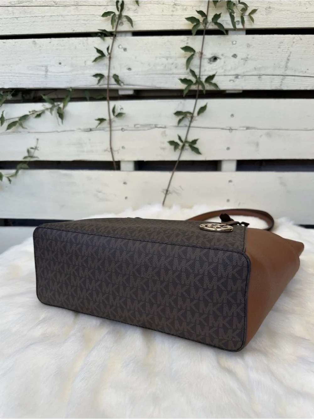 Michael Kors Brown MK Signature Tote with Gold Charm